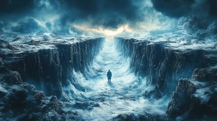 Obraz premium Solitary figure in a frozen, desolate landscape with a path leading towards a bright horizon.