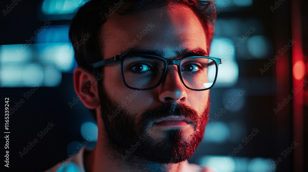 Aufkleber Focused programmer working late at night on computer code in a dark room with red and blue lights