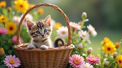 Kitten In Basket Among Flowers
