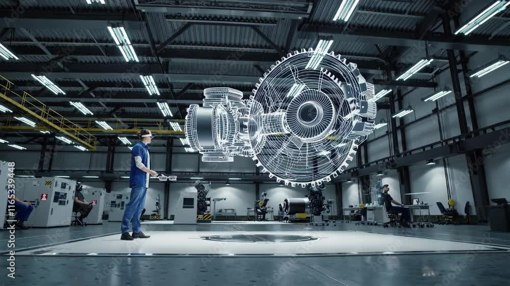 Poster engineer uses augmented reality to visualize complex machinery in a modern factory setting during a 