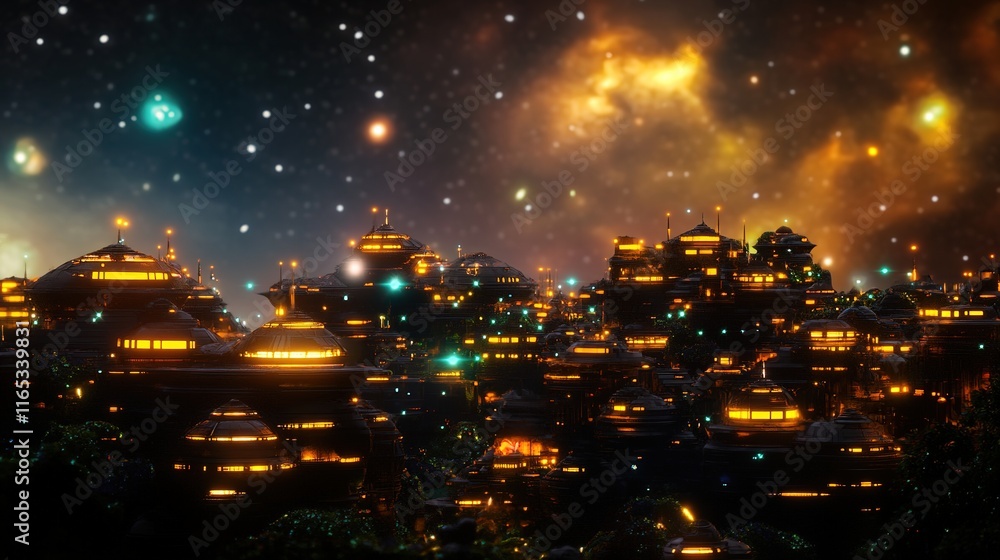 Poster futuristic alien city illuminated by glowing structures with softly blurred nebulae adding depth
