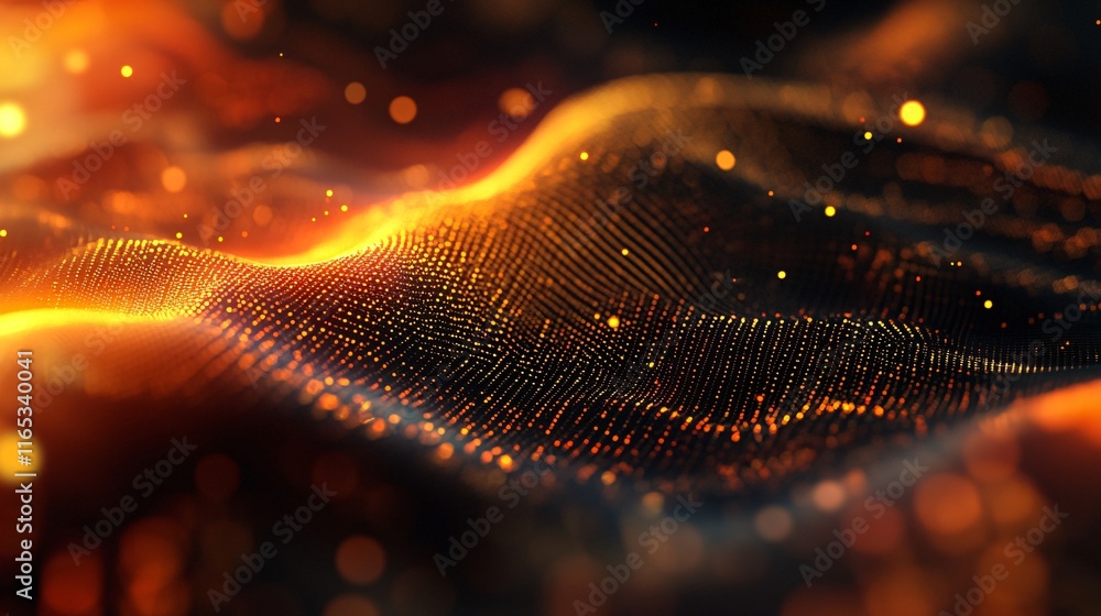 Poster Abstract golden particles flowing on wavy surface with bokeh effect