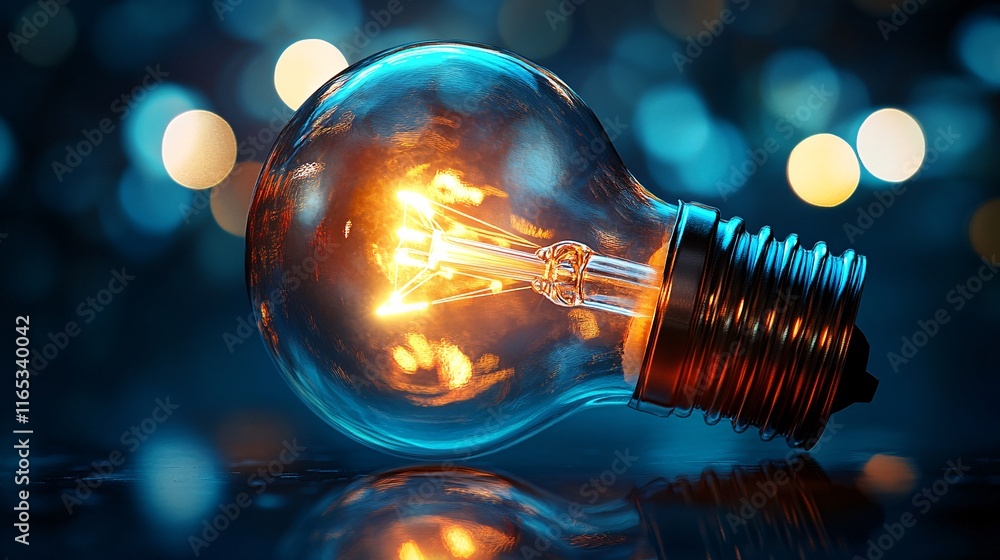 Poster bright light bulb shining on reflective surface with bokeh background
