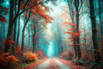 serene forest path with vibrant autumn leaves and misty ambiance
