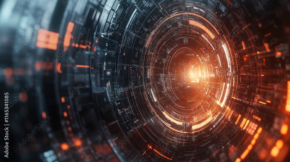 Poster futuristic technology tunnel glowing with orange light and data flowing