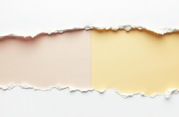 Fototapeta premium Torn Paper Background: A close-up shot of torn white paper revealing a soft pink and yellow background, offering a minimalist and modern aesthetic for your design projects. 