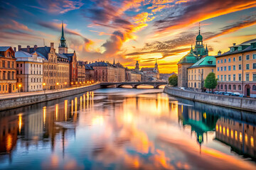 Fototapeta premium Stunning sunset over river with reflections in historic cityscape