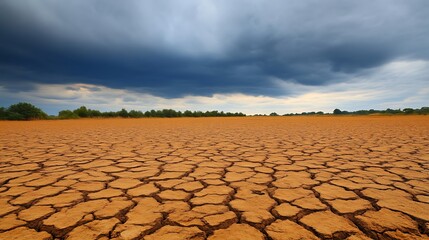Fototapeta premium Dry cracked earth under a dramatic stormy sky