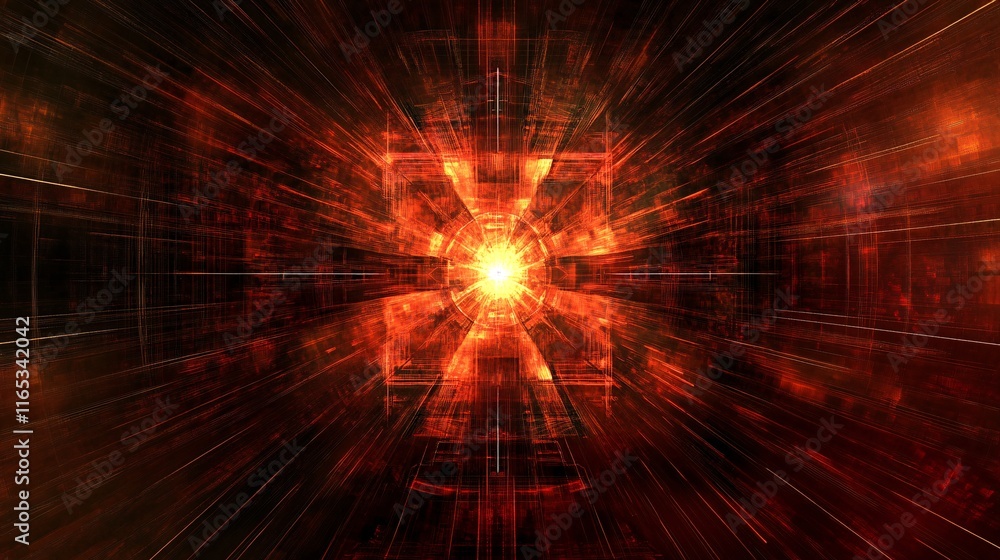 Poster bright red light beams expanding from glowing core in cyberspace