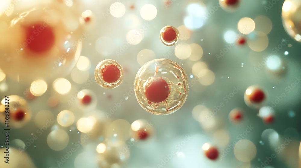 Aufkleber living cells floating and glowing in a microscopic environment