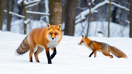 Obraz premium Red fox in the winter forest on the snowy ground. Predatory winter ginger vulpes with winter fur roam a snowy field. Photograph of winter wildlife, animals, and environment. Banner for cards, posters,