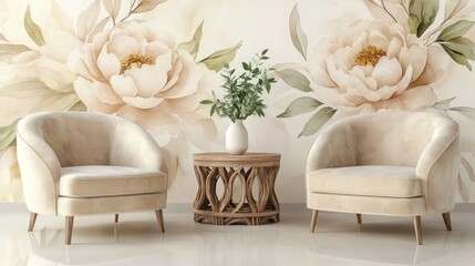 A soothing watercolor-inspired interior with two cream-colored velvet armchairs featuring rounded backs and slim wooden legs.