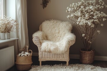 Cozy Wicker Chair with Fluffy Throw and Dried Flowers