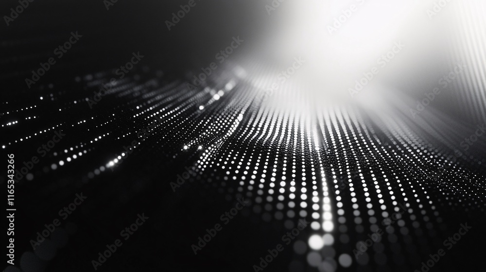 Poster Abstract black and white particles background forming wavy surface reaching light source