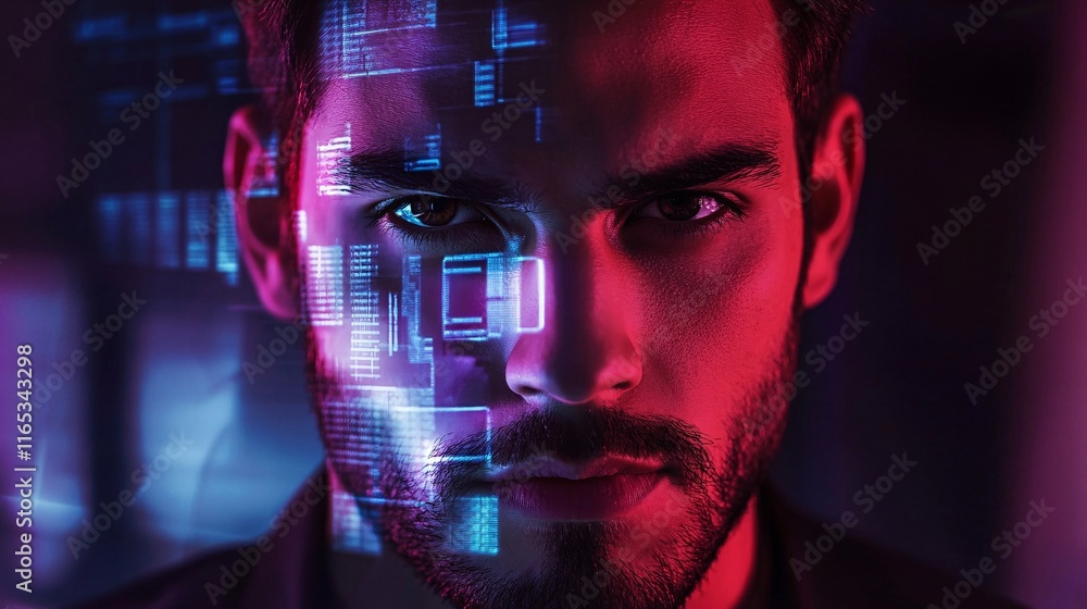 Aufkleber Software engineer analyzing code projected on face in futuristic interface