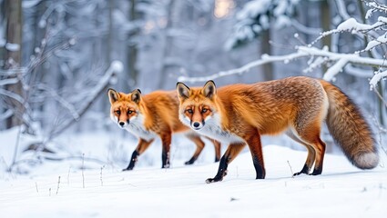 Fototapeta premium Red fox in the winter forest on the snowy ground. Predatory winter ginger vulpes with winter fur roam a snowy field. Photograph of winter wildlife, animals, and environment. Banner for cards, posters,