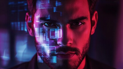 Software engineer analyzing code projected on face in futuristic interface