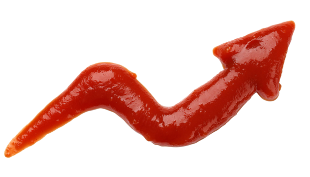 red ketchup splash forming upward arrow shape on isolated background
