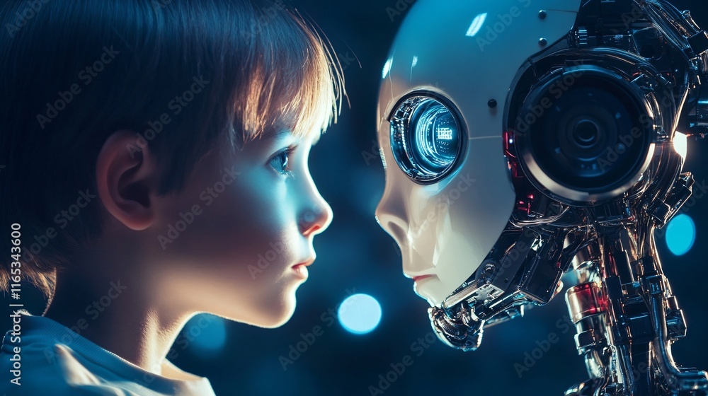 Poster Curious child observing advanced humanoid robot's face: exploring artificial intelligence