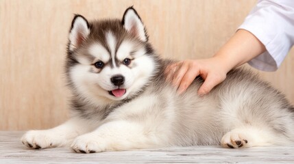 Fototapeta premium Playful siberian husky puppy indoor studio cute animal portrait warm lighting close-up pet photography