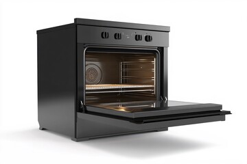 Fototapeta premium Modern Black Oven with Open Door and Interior View of Cooking Appliance