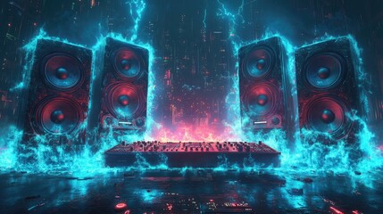 Speakers with electrical effects around digital music equipment.