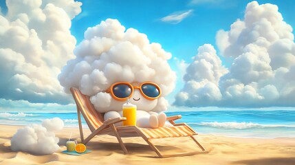 A fluffy cloud character relaxes on a beach chair with a drink.