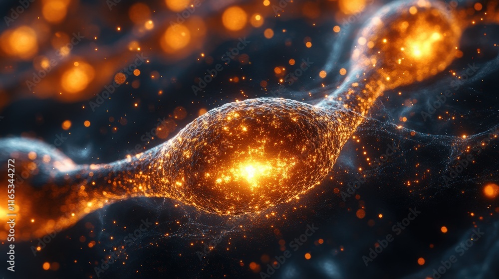 Poster abstract representation of luminous particles interacting in a cosmic environment, showcasing vibran