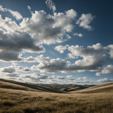 "Wispy clouds casting faint shadows on peaceful, rolling hills, white background."