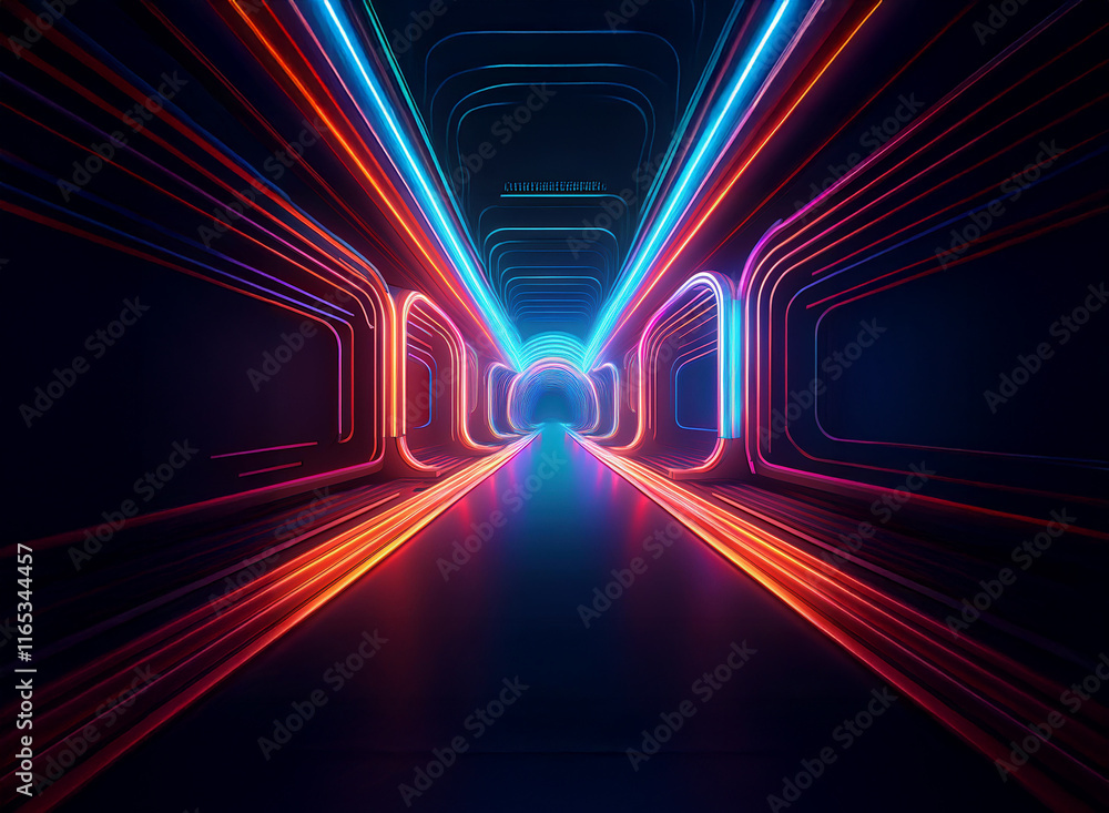 Poster a futuristic, glowing tunnel with vibrant orange and blue neon lights. the lines converge in perspec