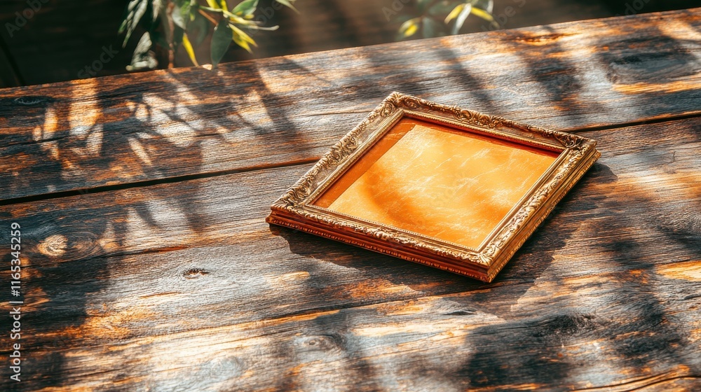 Poster Creative art display of empty picture frame on rustic wooden table in natural light