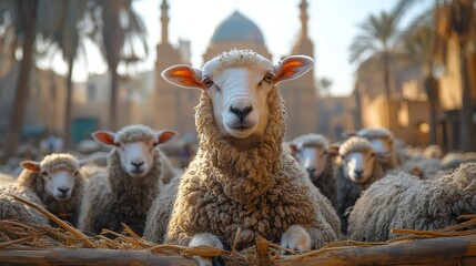 Sheep Flock with Cultural Architecture Backdrop