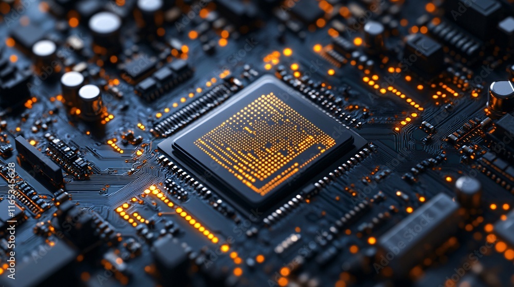 Poster cpu processing data on motherboard with orange lights