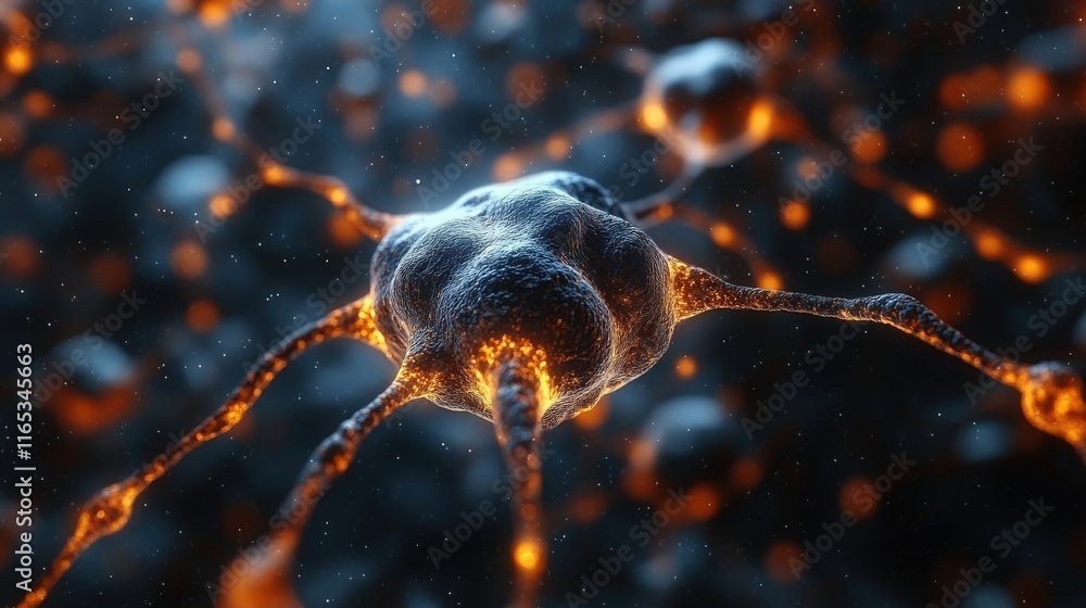 Poster close-up view of neuron cell network in a colorful 3d visualization showing synaptic connections and