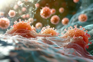  Microscopic view of influenza virus among leukocytes and erythrocytes in the bloodstream.