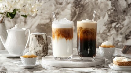 Refreshing Iced Coffee and Creamy Beverage on Elegant Marble Table Setting