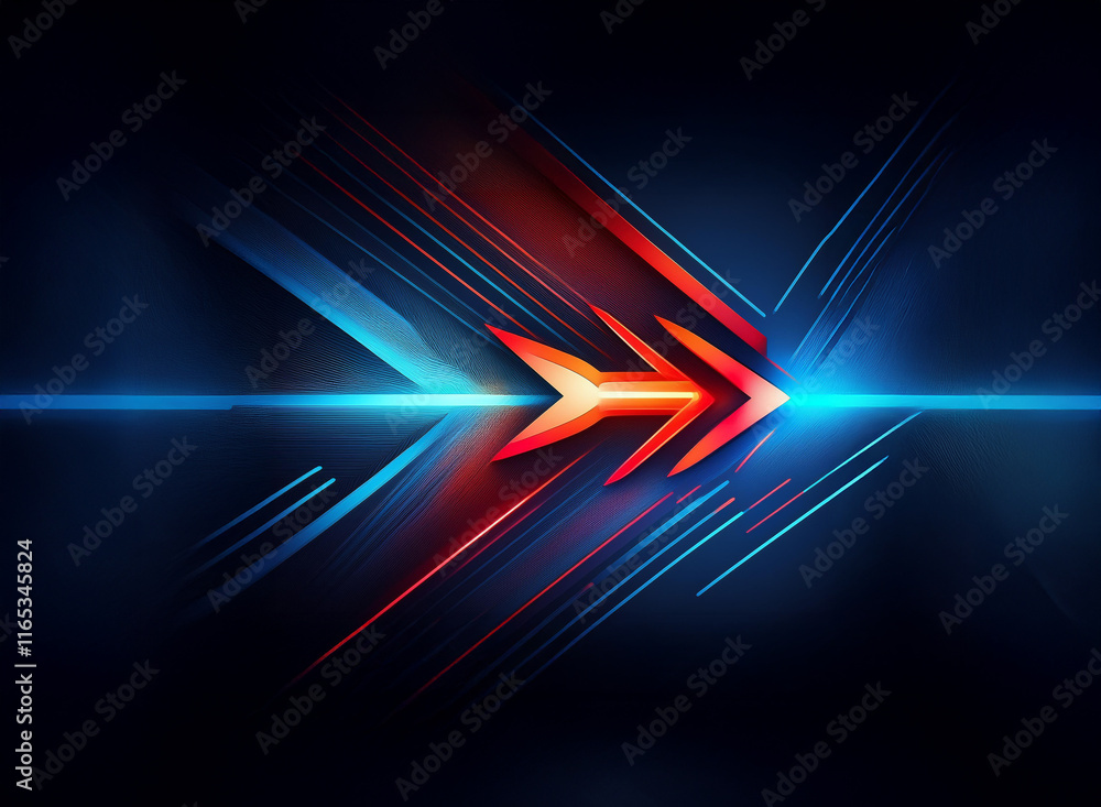 Poster abstract digital art depicting a vibrant red and blue arrow, composed of dynamic lines and glowing l