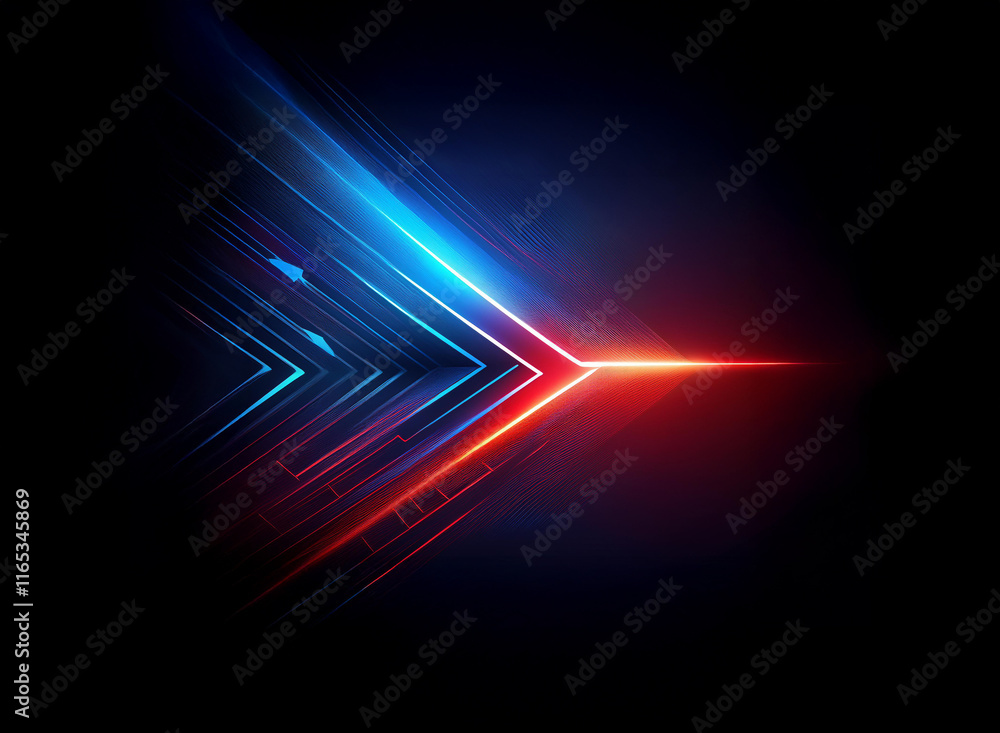 Poster abstract artwork featuring a vibrant arrow design. glowing blue and red lines intersect, creating a 