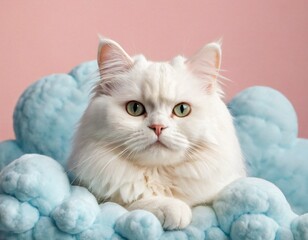 Obraz premium white fluffy cat with yellow eyes posing indoors. Ai generated images