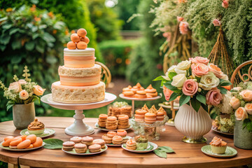 Lavishly decorated dessert table with cakes, macarons, and flowers