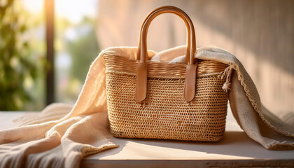 A woven rattan handbag sits elegantly on a linen-covered table, showcasing its vintage charm and earthy tones. Sunlight filters through, highlighting the boho lifestyle essence