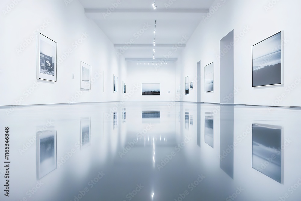Aufkleber minimalist photo exhibit in gallery with blurred reflections on glossy floors adding depth