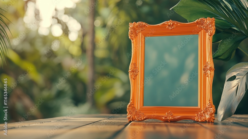 Poster Reflective nature scene empty orange frame lush green environment capturing serenity