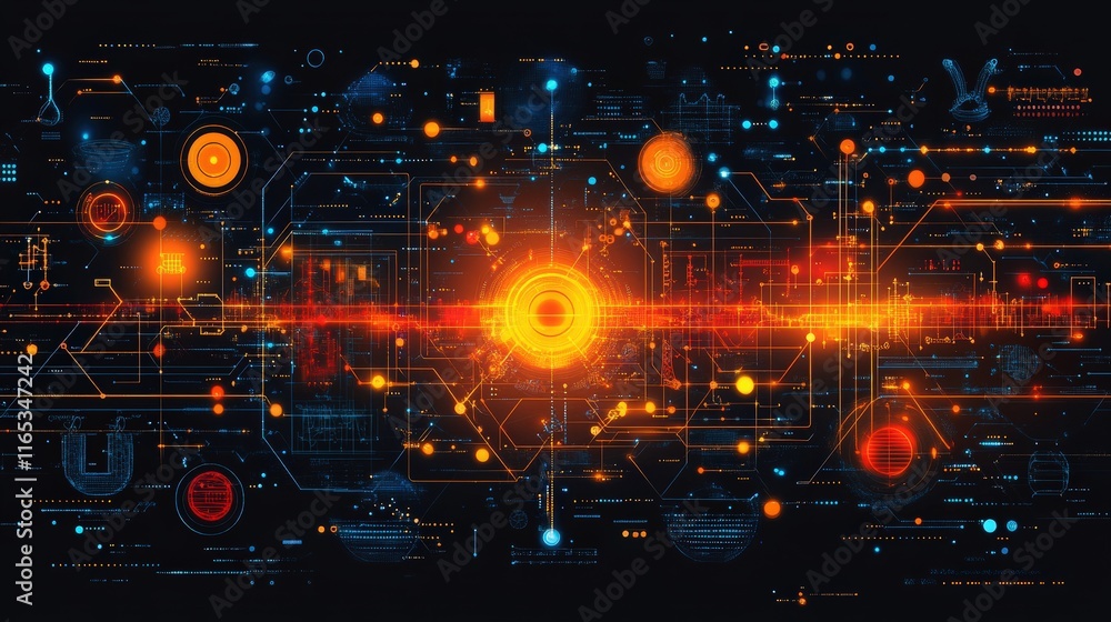 Poster futuristic digital interface with bright orange center glow and vibrant blue lines representing data