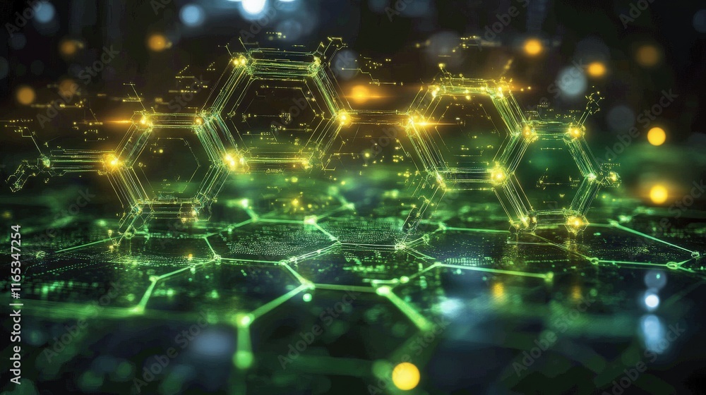 Fototapete futuristic hexagonal structure with digital elements illuminating in green light representing advanc