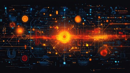 Fototapeta premium Futuristic Digital Interface With Bright Orange Center Glow and Vibrant Blue Lines Representing Data Flow and Technology Concepts in Abstract Design