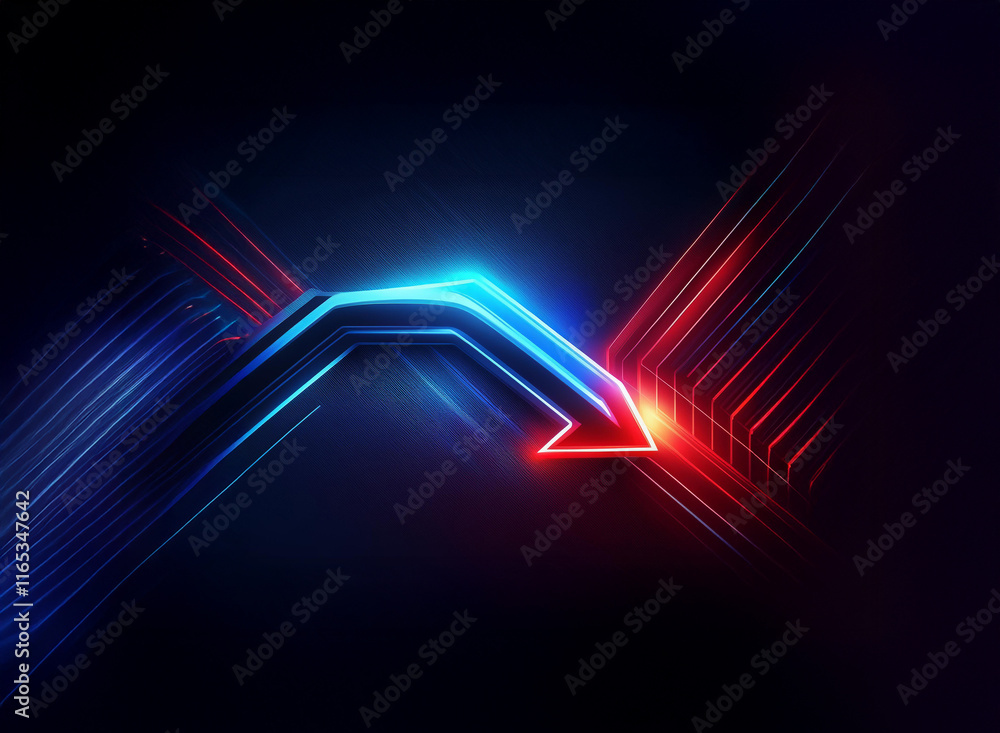 Poster abstract artwork featuring a glowing arrow formed from intersecting blue and red lines, suggesting d