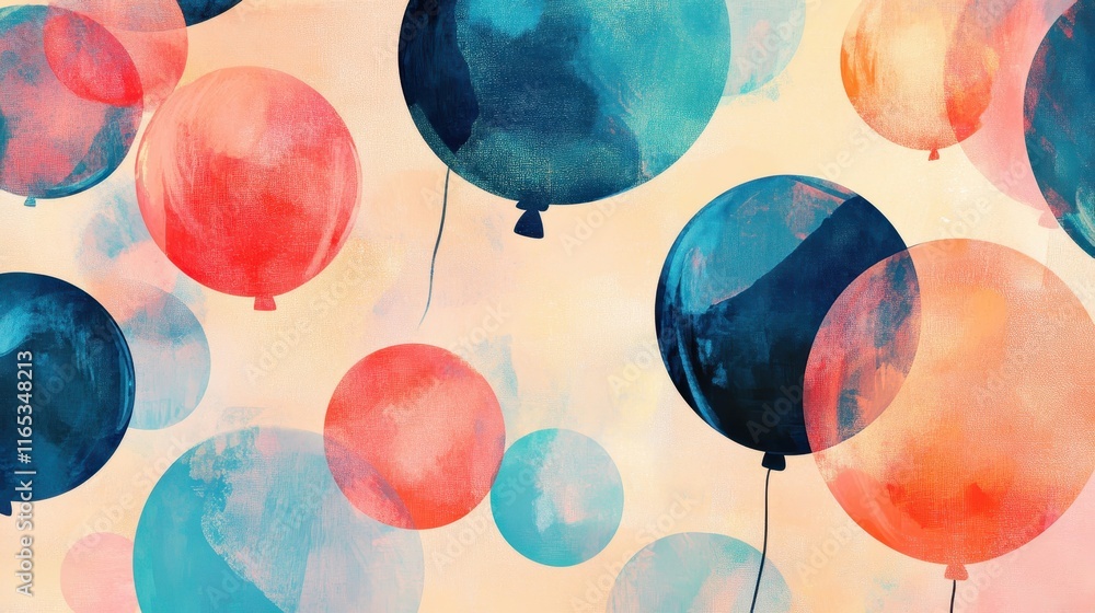 Wall mural multicolored balloons float in a gradient sky with glowing halos