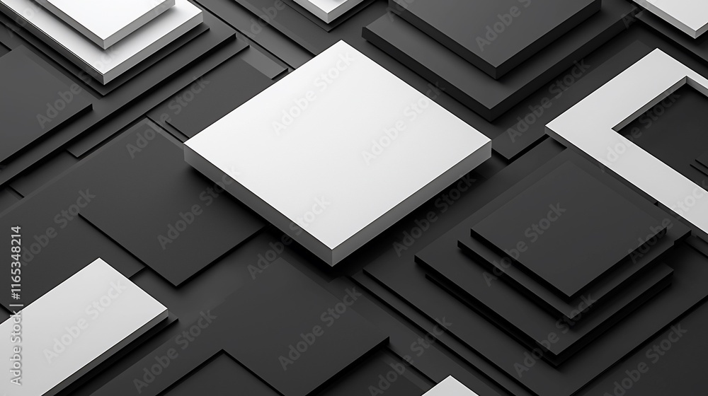 Poster abstract 3d rendering of monochrome squares and cubes.