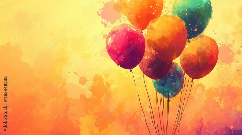 Wall mural retro balloons float in a glowing sky with watercolor-like textures
